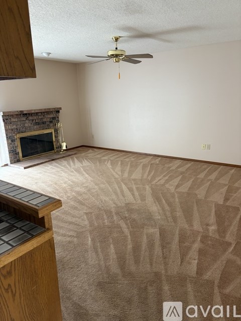 A living room with a fireplace and a carpet with a geometric pattern.