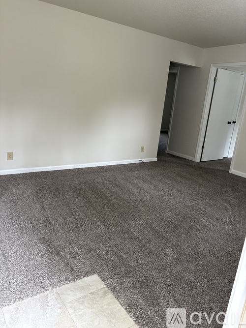 A room with grey carpet and white walls.