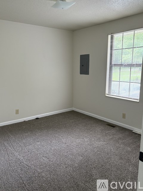 A room with a grey carpet and a window with blinds.
