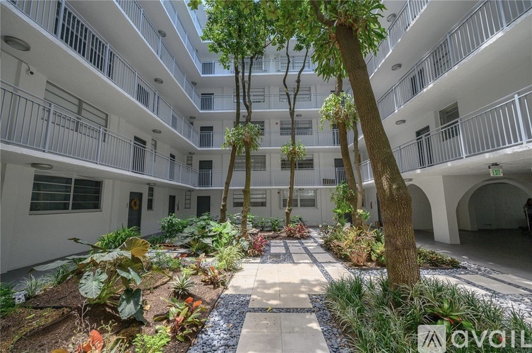 A courtyard with a tree and plants in the middle of a building.