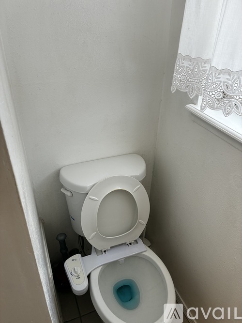 A white toilet with a blue bowl is in a small bathroom.