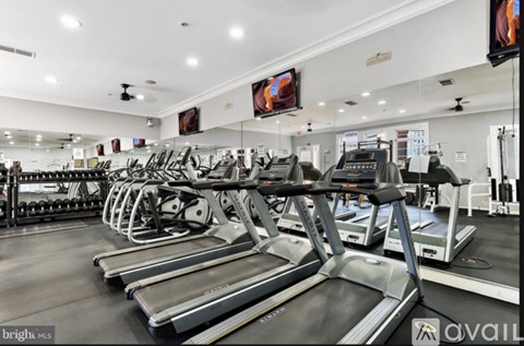 A gym with treadmills and elliptical machines.