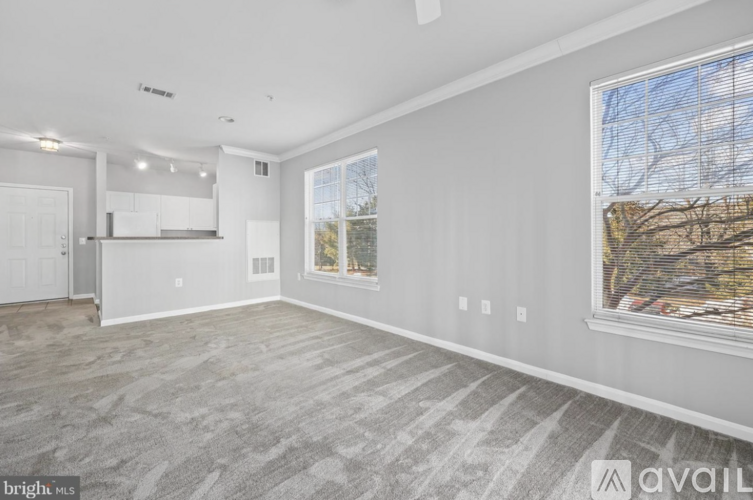 A spacious living room with a grey carpet and a large window.