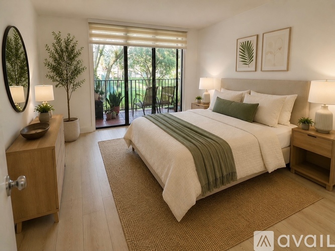 A bedroom with a large bed, a wooden nightstand, and a mirror on the wall.