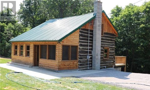 A wooden cabin with a green roof is surrounded by trees.