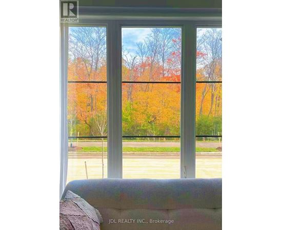 A window with a view of a forest with autumn trees.