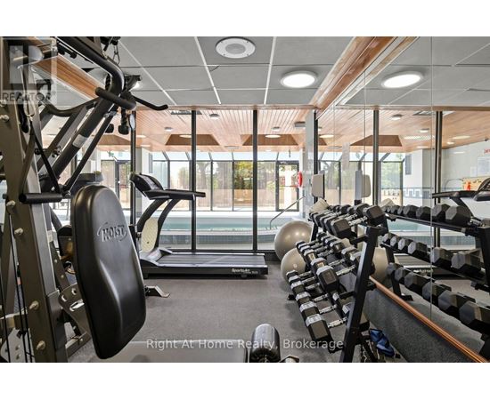 A gym with a variety of equipment including a weight bench, a treadmill, and a rowing machine.