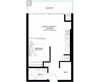 A floor plan of a balcony with living, dining, kitchen, bedroom, bath, and den areas.