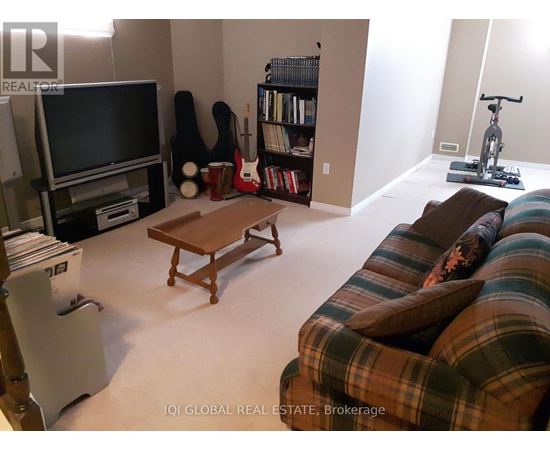 A living room with a couch, television, and exercise bike.