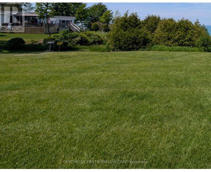 A grassy field with a house and trees in the background.