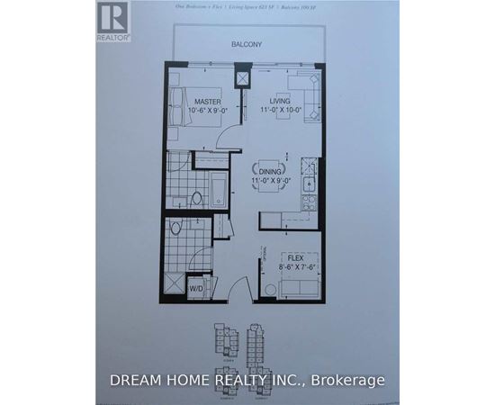 A floor plan for a one-bedroom, one-bathroom apartment with a balcony, master bedroom, living room, dining room, and flex room.