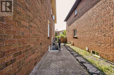 A narrow alleyway between two brick buildings.