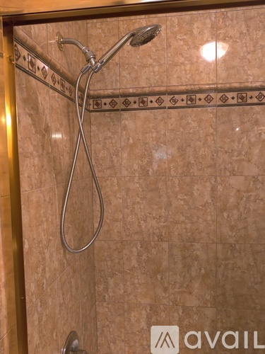 A shower head with a hose attached to it.