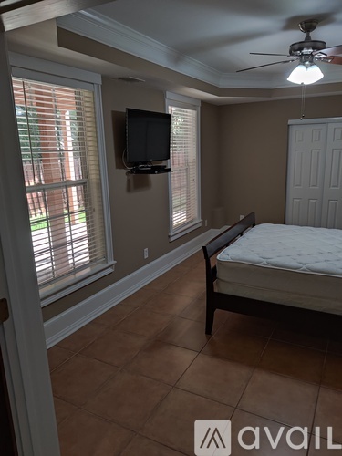 A bedroom with a bed, a television, and a ceiling fan.