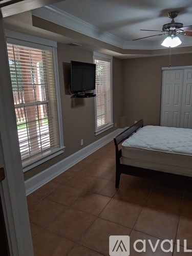 A bedroom with a bed, a television, and a ceiling fan.