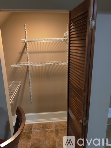 A kitchen pantry with a wooden door and shelves.