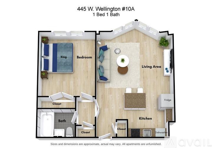 A floor plan of a one bedroom apartment with a bathroom and a living area.