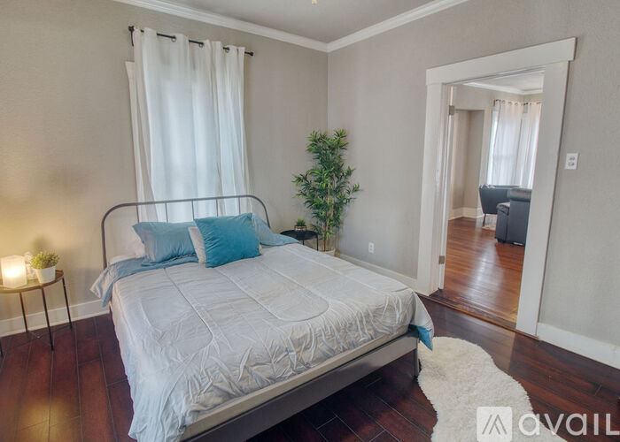 A bedroom with a bed, a small plant, and a mirror.