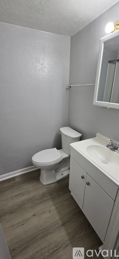A bathroom with a toilet, sink, and mirror.