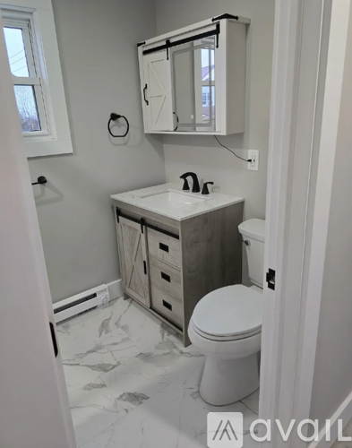 A bathroom with a toilet, sink, and a mirror cabinet.