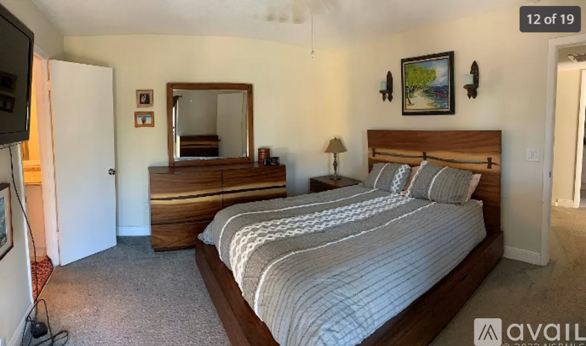 A bedroom with a large bed and a dresser with a mirror above it.