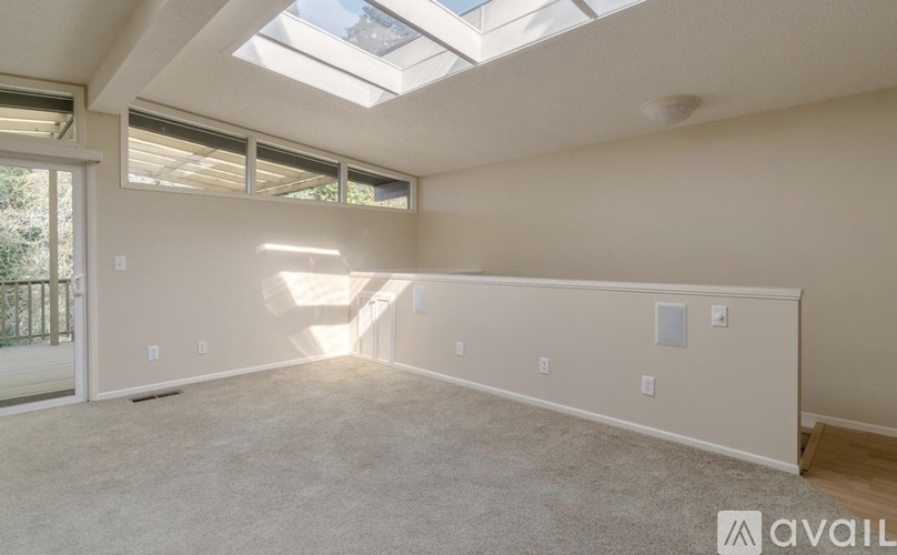 A spacious room with a skylight and carpeted floor.