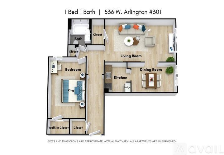 A floor plan of a one bedroom apartment with a bath and living room.