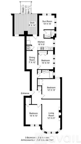 A floor plan of a home with a deck, sun room, and three bedrooms.