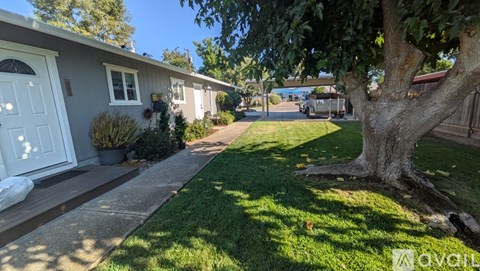 A house with a white door and a tree in front of it.