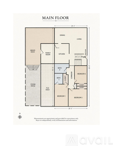 A floor plan of a house with a living room, two bedrooms, a kitchen, a bathroom, and a den.