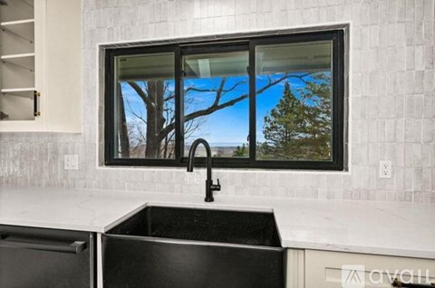 A kitchen with a black sink and a window showing a tree.