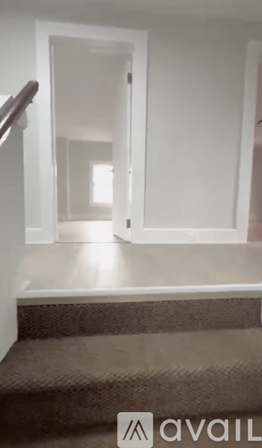 A carpeted stairway leading to a white hallway.