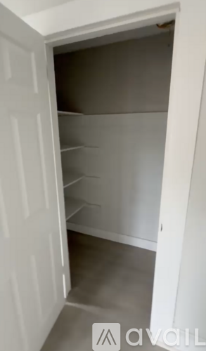 A white door is open to a small, empty closet.