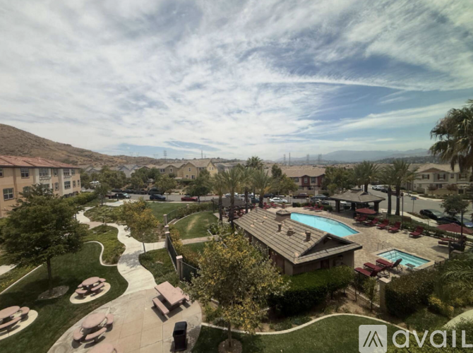 A view of a pool and a house from a high angle.