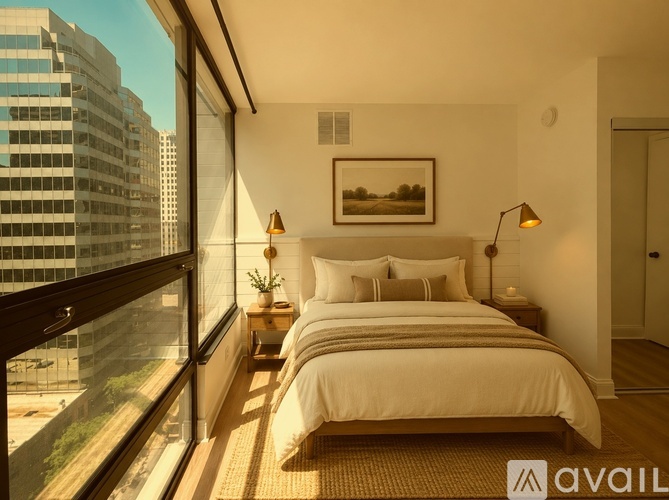 A bedroom with a large bed and a view of the city.