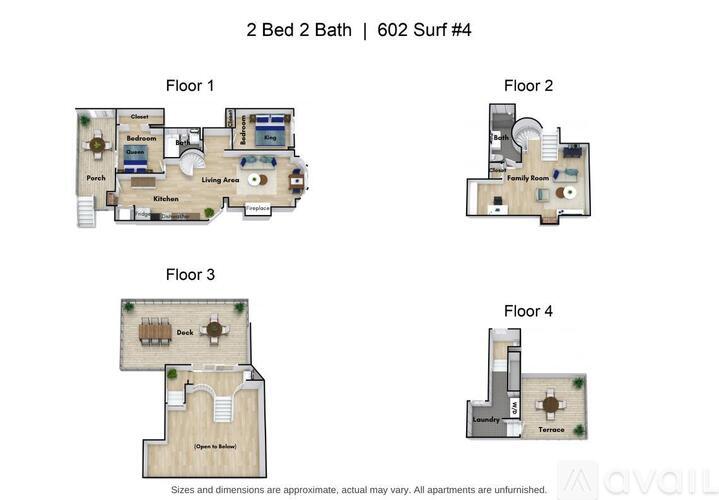 A floor plan of a 2 bedroom 2 bath apartment located at 602 Surf #4.