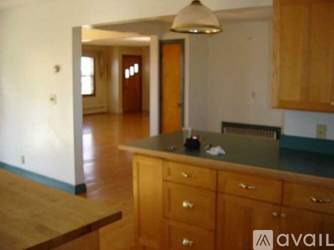 A kitchen with wooden cabinets and a counter top.