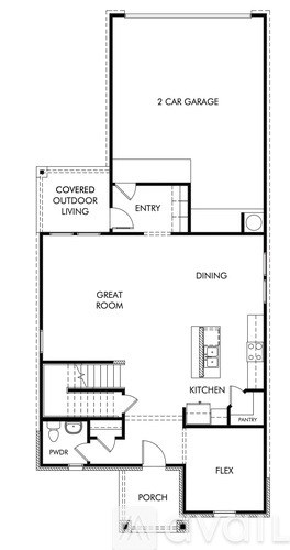 A floor plan of a house with a kitchen, dining area, and two car garages.