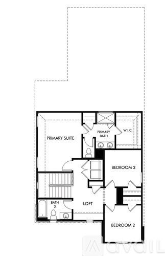 A floor plan of a home with a primary suite, two bathrooms, and two bedrooms.