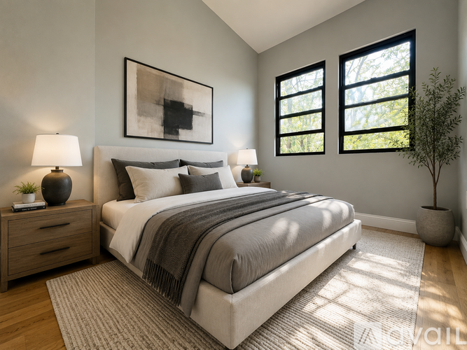 A bedroom with a large bed, two lamps, and a potted plant.