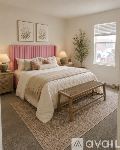 A bedroom with a large bed and a pink headboard.