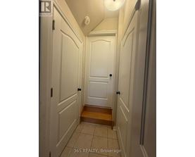 A hallway with white doors and a wooden step.