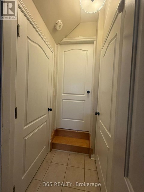 A hallway with white doors and a wooden step.