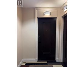 A dark brown door with a silver handle and a small light above it.