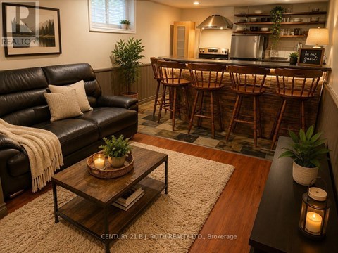 A living room with a bar area in the background.