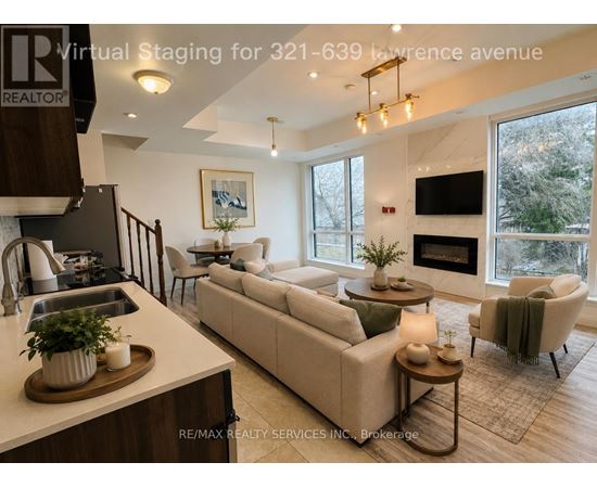 A modern living room with a kitchen area is showcased for virtual staging.