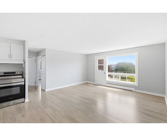 A spacious room with a view of a green area outside the window.