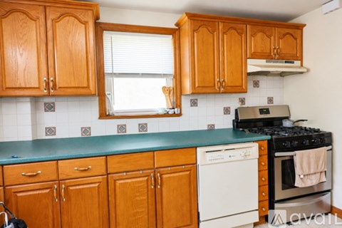 A kitchen with wooden cabinets and a green countertop.
