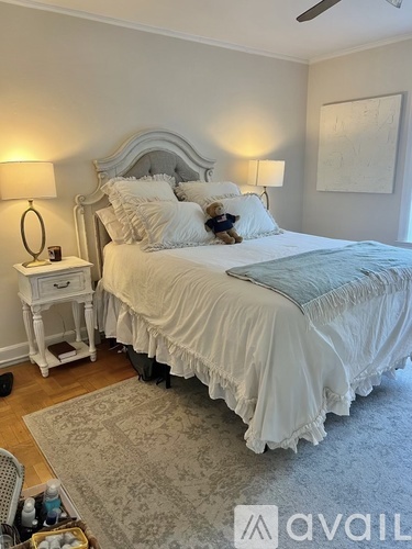 A bedroom with a large bed and a dog on the bed.