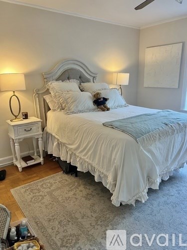 A bedroom with a large bed and a dog on the bed.
